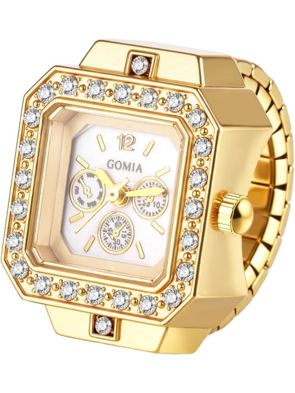 Unisex Gold Quartz Bling Stainless Steel Elastic Band Square Finger Ring Watch